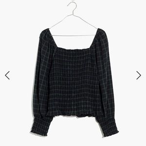 Lucie Bubble-Sleeve Smocked Top in Plaid